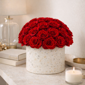Red Preserved Roses in Terrazzo Vase