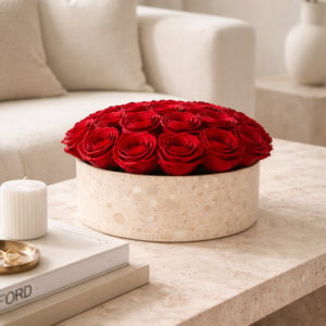 Red Preserved Roses in Terrazzo Vase – Luxury Floral Arrangement