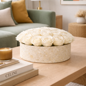 White Preserved Roses in Terrazzo Vase