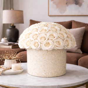 White Preserved Roses in Terrazzo Vase – Luxury Floral Arrangement